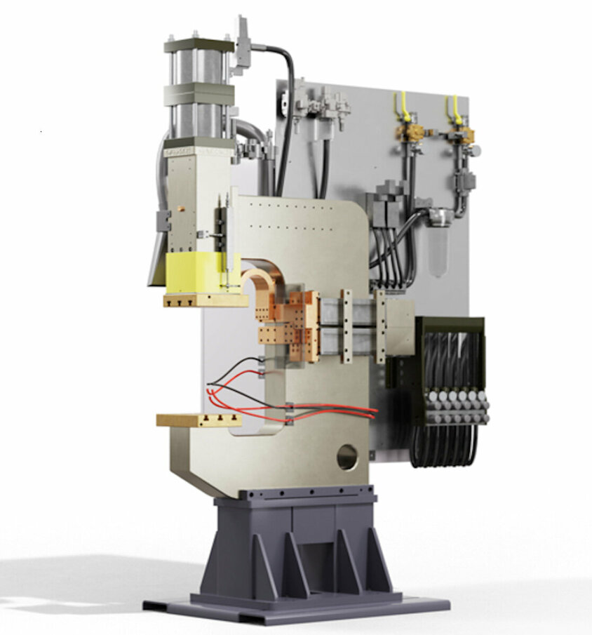 Eine industrielle Buckelschweißmaschine, die als Integrator für präzise Schweißprozesse dient. Die Maschine ist mit einem robusten Metallrahmen ausgestattet, auf dem ein Schweißkopf und verschiedene Schalt- und Steuerungseinheiten montiert sind. Kupferleitungen und Kabel verbinden die verschiedenen Komponenten der Anlage, die speziell für das Buckelschweißen in der industriellen Fertigung konzipiert ist. Die Anlage steht auf einem stabilen Sockel und symbolisiert moderne Schweißtechnologie für präzise und effiziente Fügeprozesse.