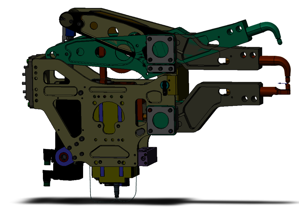 Eine 3D-CAD-Darstellung einer komplexen Vorrichtung für die Anlagenentwicklung. Die Vorrichtung zeigt mehrere bewegliche Teile, einschließlich eines mechanischen Arms und verschiedenen Halterungen, die zur präzisen Positionierung von Bauteilen verwendet werden. Die Darstellung ist farblich differenziert, um verschiedene Komponenten und deren Funktionen zu kennzeichnen. Die detaillierte Konstruktion umfasst auch Führungen, Befestigungselemente und Schnittstellen für die Integration in größere Produktionsanlagen.