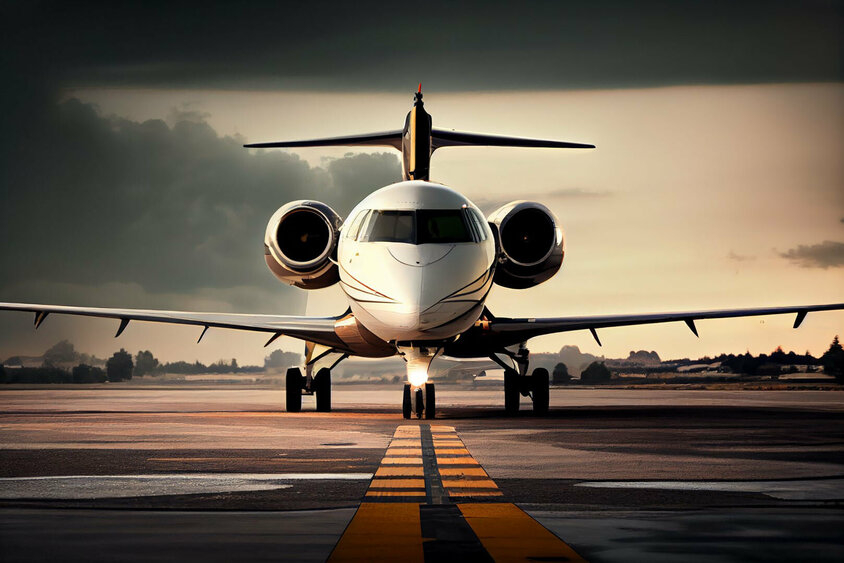 Ein modernes Passagierflugzeug steht startbereit auf einer Landebahn bei dramatischer Beleuchtung, die von dunklen Wolken und einem goldenen Horizont untermalt wird. Das Bild symbolisiert die Luftfahrtindustrie, in der Präzision und Sicherheit oberste Priorität haben. Gatzsch Schweißtechnik liefert in dieser Branche automatisierte Punktschweißanlagen, um eine zuverlässige Verbindung von Flugzeugkomponenten zu gewährleisten.