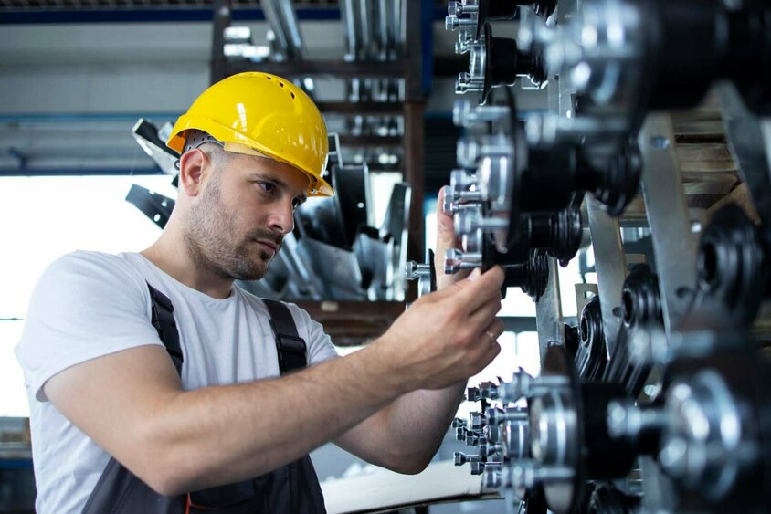 Ein Arbeiter mit gelbem Schutzhelm überprüft Maschinenteile in einer industriellen Fertigungsumgebung. Er arbeitet präzise an einer Reihe von Metallkomponenten. Das Bild symbolisiert die Maschinenbauindustrie, in die Gatzsch Schweißtechnik Anlagen zum Nieten und Clinchen liefert.