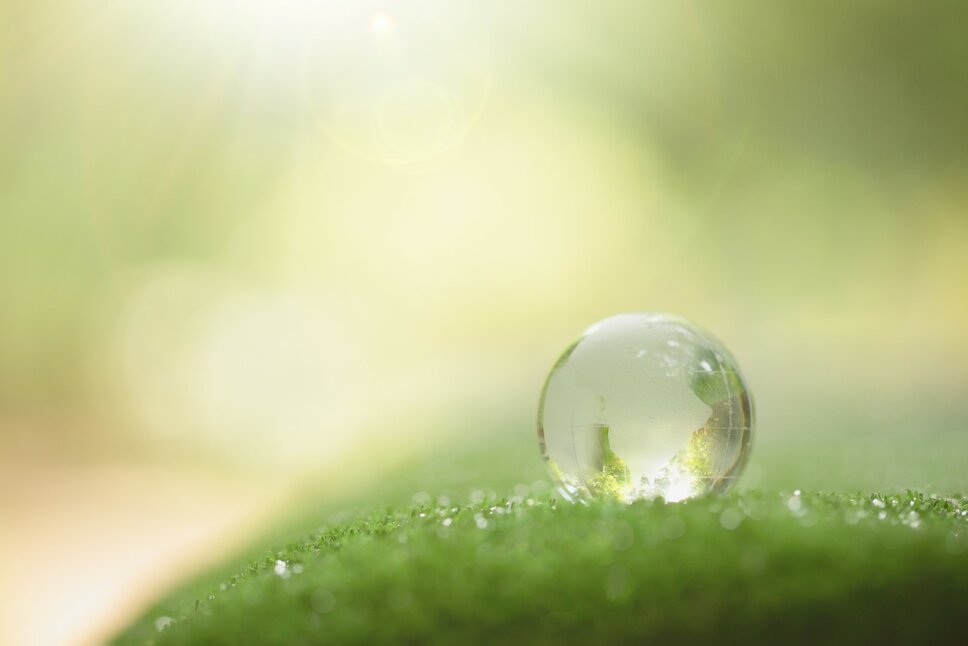 Eine transparente Glaskugel, die die Weltkugel symbolisiert, liegt auf einer mit Tau bedeckten, grünen Wiese. Im Hintergrund sind weiche, unscharfe Sonnenstrahlen und eine natürliche, grüne Umgebung zu erkennen. Die Szene strahlt Ruhe und Nachhaltigkeit aus und symbolisiert den Umweltschutz und die Verantwortung für die Natur. Das Bild steht für ökologische Verantwortung und Nachhaltigkeit, Werte, die für Unternehmen wie Gatzsch Schweißtechnik von Bedeutung sind.