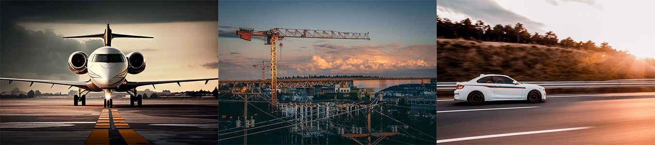 Das Bild ist in drei Abschnitte unterteilt. Links ist ein Flugzeug frontal auf der Landebahn zu sehen. In der Mitte befindet sich ein Baukran auf einer Baustelle im Sonnenuntergang. Rechts fährt ein weißes Auto auf einer Autobahn in den Sonnenuntergang. Das Bild symbolisiert verschiedene Industrien – Luftfahrt, Bau und Automobil – für welche Gatzsch Schweißtechnik automatisierte Anlagen zum Nieten und Clinchen anbietet.